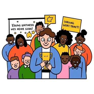 A character with light skin and big eyes is standing confidently in front of a diverse group of people. The character has short, wavy brown hair and is wearing a blue blazer over a white shirt. They are smiling broadly, with an expression of pride and admiration. Surrounding them are team members of various skin tones and hairstyles, each displaying confident and engaged expressions. One member, a dark-skinned person with curly hair, is holding a trophy, which is the focus of the scene. The background shows a bright office space with motivational posters, symbolizing teamwork and success.