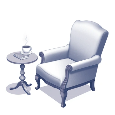 A fauteuil with elegant curves and intricate detailing is positioned in a cozy corner of a room. The upholstery features a subtle pattern that adds texture to the seat. Next to the fauteuil, a side table holds a steaming cup of coffee, showcasing a delicate handle and a smooth surface. The soft shadows cast by the furniture create a warm atmosphere, inviting relaxation in this intimate setting. A small stack of books lies on the table beside the cup, suggesting a moment of leisure and tranquility.