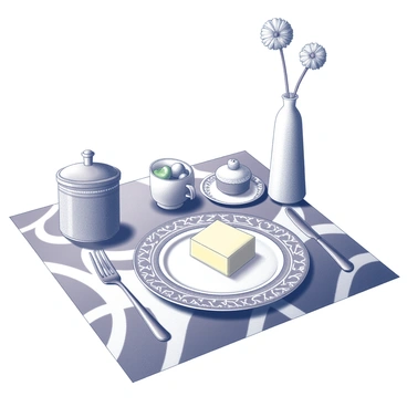 A breakfast setting on a table with elegant tableware. There is a fine porcelain plate featuring intricate geometric patterns and a matching cup beside it. A silver butter dish with an ornate lid sits next to a small bowl filled with fresh fruit. The tablecloth is adorned with bold designs reminiscent of Art Deco style. A single flower in a tall vase adds a touch of sophistication to the arrangement. Light reflects off the polished cutlery neatly arranged beside the plate.