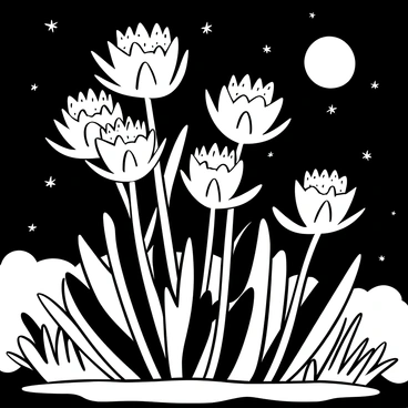 A cluster of protea flowers with distinct, spiky petals standing tall amidst lush green foliage. The scene is bathed in gentle moonlight, creating soft shadows that dance across the ground. The moon hangs in the night sky, casting a delicate glow over the flowers, highlighting their unique shapes and textures. Small twinkling stars can be seen in the background, adding to the serene atmosphere of the night.