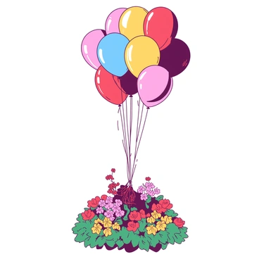 A vibrant garden suspended in mid-air, held aloft by a cluster of large, colorful balloons. The balloons range in shades, creating a striking visual contrast. Below the balloons, there are neatly arranged patches of various flowers in bright colors, surrounded by lush green foliage. The flowers bloom in a mix of reds, yellows, and pinks, while the greenery adds depth with its rich, vivid tones. The scene conveys a whimsical feeling, with the garden appearing to float gracefully among the clouds.