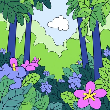A dense tropical forest filled with tall, green trees and thick foliage. Brightly colored exotic flowers with bold patterns and shapes are peeking through the lush greenery. Sunlight filters through the canopy above, casting dappled light on the forest floor. The scene is rich with various shades of green, with the vibrant flowers adding pops of color throughout.