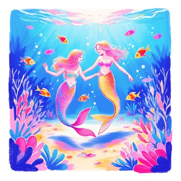 A group of mermaids is dancing gracefully on the ocean floor. Each mermaid has shimmering tails in vibrant colors, reflecting the sunlight filtering through the water. They are adorned with shells and pearls, adding to their enchanting appearance. Surrounding them, colorful fish in various shapes and sizes swim playfully among the coral reefs. The ocean floor is covered in soft sand, with patches of seaweed gently swaying in the water current. Bubbles rise from the mermaids as they twirl and spin in joyful movement.