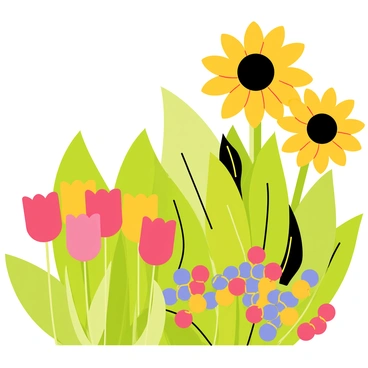An illustration featuring a vibrant garden filled with seasonal flowers. In the foreground, clusters of "brightly colored tulips" in shades of red, yellow, and pink are blooming, symbolizing spring. Further back, "large sunflowers" with golden yellow petals and dark centers are standing tall, representing summer. The background is filled with lush green leaves, creating a lively and colorful scene. The composition captures the essence of the different seasons through the flowers' unique characteristics.