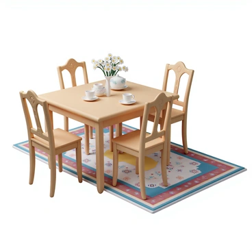 A tea table with a polished wooden surface, surrounded by four ornate chairs. The table is set with a classic white porcelain teapot adorned with delicate floral patterns, alongside matching teacups placed on dainty saucers. Beneath the table lies a colorful tapis featuring intricate geometric designs in hues of red, blue, and yellow. A small vase filled with fresh daisies is positioned on the table, adding a touch of nature to the charming setting. Soft sunlight filters through a nearby window, casting gentle shadows across the scene.