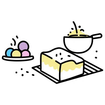 A digital illustration showing a well-organized workspace with various ingredients for dessert preparation. There is a mixing bowl filled with creamy batter, a whisk resting beside it, and sprinkles scattered on the counter. A rectangular layer cake sits on a cooling rack, partially frosted with white icing. A small plate is nearby, displaying an assortment of colorful macarons, each with a distinct color. The setting has a light color scheme, emphasizing the freshness of the ingredients and the creativity of the baking process.