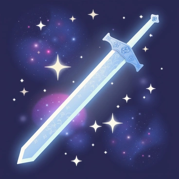 A celestial sword with a shimmering silver blade is floating amidst a myriad of twinkling stars. The sword features intricate engravings along its hilt, which glows with a soft blue light. The background showcases a vibrant galaxy filled with swirling purples, blues, and pinks, while clusters of bright stars are scattered throughout the scene. The edges of the sword emit a faint glow, illuminating nearby stars, creating a dramatic contrast against the dark expanse of space.