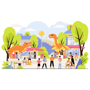 A lively town square in Dinotopia filled with activity. The square features several dinosaur sculptures, including a large, colorful triceratops and a majestic brontosaurus. Around the square, there are multiple cafes with outdoor seating under bright umbrellas. Dinosaurs and humans interact at the cafes, with some enjoying drinks and snacks, while others converse animatedly. Trees with lush green leaves are scattered throughout the square, adding to the vibrant atmosphere. The sky is clear with a few fluffy clouds, creating a cheerful environment.
