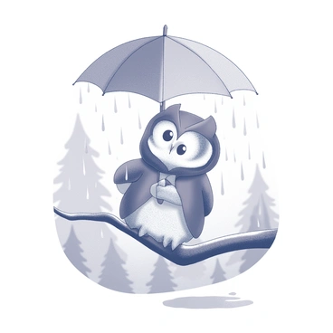 A baby owl is perched on a branch, wearing a small raincoat that fits snugly around its body. The owl holds a tiny, colorful umbrella above its head, which is open and provides shelter from the rain. Raindrops can be seen falling around the owl, creating small puddles on the branch below. The background features blurred outlines of trees, emphasizing the rainy atmosphere. The owl's large, expressive eyes are focused upwards, seemingly enjoying the gentle shower.