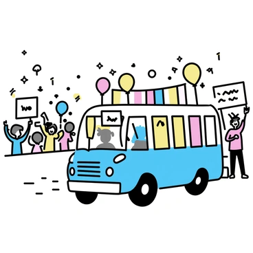 A blue bus with a vibrant design is driving down a festive street. The bus is decorated with colorful banners and balloons, creating a lively atmosphere. Cheering crowds line the sides of the street, holding up colorful signs and waving their hands in excitement. Some people are wearing party hats and carrying noisemakers, enhancing the celebratory vibe. The street is adorned with bright decorations, including streamers and lights, contributing to the festive scene.