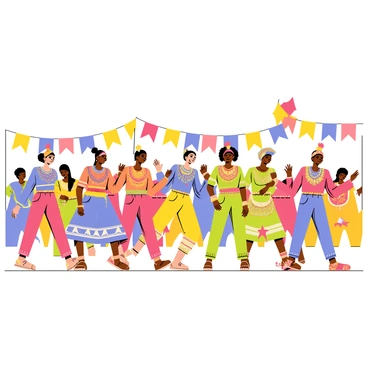 A colorful cultural parade featuring a variety of performers in traditional costumes, showcasing intricate designs and vibrant colors. Dancers are moving gracefully, displaying traditional dances that reflect their cultural heritage. Each performer wears a unique outfit with distinct patterns, adorned with feathers and beads. The parade is filled with lively music, and the audience is clapping and cheering along the sides. Bright banners and flags in the background are waving, symbolizing the celebration of freedom in a festive atmosphere.