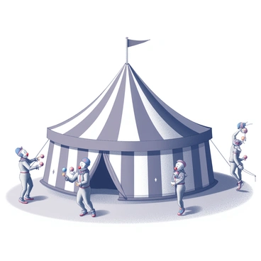 A large striped tent occupies the center of the scene, its peaks rising high against the sky. Around the tent, several clowns are present, each dressed in unique outfits with big shoes and colorful headwear. They are engaged in various playful activities, one juggling a set of colorful balls, while another is balancing on a unicycle. Nearby, performers are showcasing their talents: a contortionist bends gracefully, and an acrobat is mid-air, performing a flip. The ground is covered in sawdust, with bright flags and banners adding detail to the surroundings.