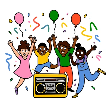 A group of four children dancing joyfully around a colorful jukebox. The children include a light-skinned girl with big eyes and curly hair wearing a pink dress, a dark-skinned boy with big eyes and short hair in a yellow t-shirt and blue shorts, a light-skinned boy with big eyes and wavy brown hair dressed in a green shirt and red pants, and a dark-skinned girl with big eyes wearing a purple top and denim overalls. They are smiling, with their arms raised in excitement, surrounded by vibrant decorations including balloons and streamers, creating a lively and playful atmosphere.