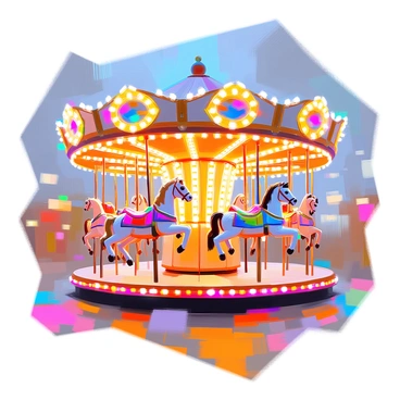 A vibrant carousel featuring intricately designed horses with various colors, such as white, brown, and black, moving around a brightly lit central axis. Each horse is adorned with decorative saddles and bridle accessories, capturing the essence of classic carousel aesthetics. The central axis is embellished with colorful lights that illuminate the scene, casting a warm glow on the surrounding area. The carousel is set against a night sky, enhancing the brightness of the lights. The surrounding ground is filled with cheerful carnival decorations, adding to the festive atmosphere.