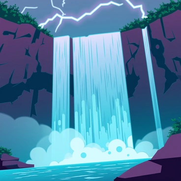 A powerful waterfall cascading down rocky cliffs with lush greenery surrounding it. A bolt of lightning strikes the water at its base, sending up a spray of mist into the air. The scene is illuminated as the lightning creates a dazzling display of light, reflecting off the droplets. Dark storm clouds loom overhead, emphasizing the dramatic nature of the scene. The roar of the water can be imagined as it crashes into the pool below, showcasing the raw power of nature.