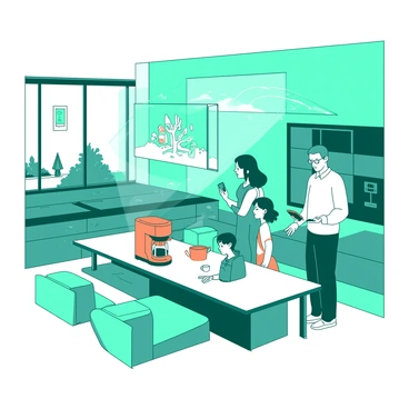A teal futuristic smart home features sleek lines and large windows that allow natural light to flood the interior. In the living room, a family of four is gathered around an orange automated coffee maker on a modern white kitchen island. The father is programming the coffee maker from a handheld device while the mother is checking her smartphone. Two children are interacting with a holographic screen projecting educational games above the table. Various automated appliances are seamlessly integrated throughout the space, showcasing a lifestyle of ease and modern technology.