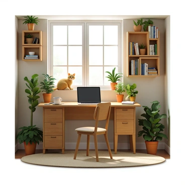 A cozy home office with warm wooden shelving filled with books and decorative items. A large window allows soft, natural light to fill the room. A cat with fluffy fur is curled up peacefully on the window sill, basking in the sunlight. A wooden desk is situated beneath the window, adorned with several green houseplants in various pots. The desk also features a laptop, some stationery, and a cup of coffee. A comfortable chair is positioned at the desk, inviting one to sit and work.
