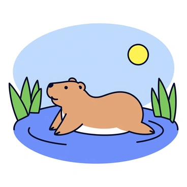 A capybara sitting in a calm pond. The capybara has a light brown fur coat and is partially submerged in the water, with its head above the surface. The moon is shining brightly in the night sky, casting a soft glow on the water. Surrounding the pond are lush green plants, and gentle ripples are visible in the water.