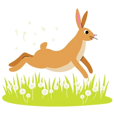 A brown hare with long ears is hopping through a vibrant green field. The field is densely filled with fluffy white dandelions, some of which are being blown away by a gentle breeze. The hare is mid-leap, with its powerful hind legs extended and front paws tucked close to its chest. The background shows a clear blue sky, enhancing the brightness of the scene. Dandelion seeds are floating in the air around the hare, creating a sense of movement and playfulness in the image.