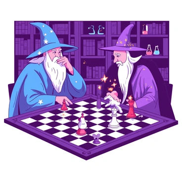 Two wizards are seated across from each other at a large, ornate chessboard. One wizard, wearing a flowing blue robe adorned with silver stars, is focused on the game, with a thoughtful expression on his face. The other wizard, dressed in a vibrant purple robe with golden embroidery, leans forward in anticipation. The chess pieces, crafted with intricate details, are animatedly moving on the board without any visible assistance. A white knight gallops across the board, while a red pawn shifts forward purposefully. Glimmers of magical light surround the moving pieces, hinting at the enchantments at play. The background features shelves lined with ancient tomes and glowing potions, enhancing the atmosphere of a mystical duel.