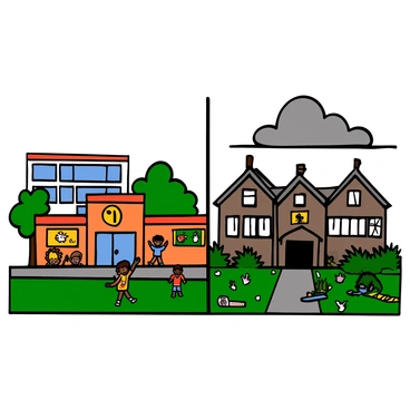 A split scene depicting two contrasting schools. On the left, a well-equipped school with a modern building featuring large windows, colorful banners, and a playground with children playing. The schoolyard is clean, with neatly trimmed grass and trees providing shade. There are bright educational posters on the walls and students engaged in various activities. On the right side, a run-down school with peeling paint and broken windows. The playground is empty and overgrown, and the grass is unkempt. The building has an old, neglected appearance, with scattered debris around the entrance. The atmosphere looks less inviting, with dark clouds overhead.