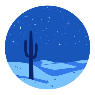 A deep blue night sky filled with numerous stars glistens above a vast desert landscape. The moonlight softly illuminates the sandy ground, casting gentle shadows. In the foreground, a black silhouette of a tall cactus stands prominently, its distinct shape contrasting against the starry backdrop. Small dunes are visible in the distance, creating a sense of depth in the scene.