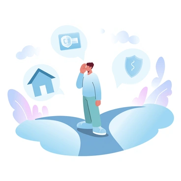 A person is standing at a crossroads, contemplating which path to take. Each path is indicated by distinct illustrations representing various LIC benefits. One path features a large illustration of a house symbolizing home protection, while another has an illustration of a tree representing growth and savings. A third path displays an illustration of a shield indicating security and risk cover. The setting is surrounded by gentle hills and a clear sky, enhancing the decision-making atmosphere.