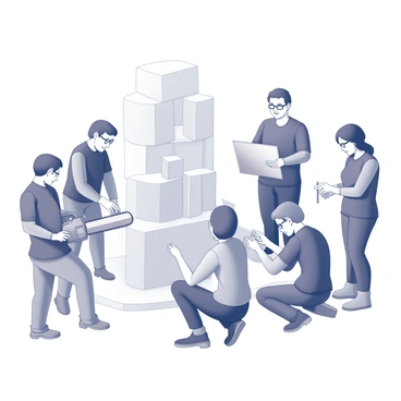 A group of five individuals working together on an ice sculpture. One person is using a chainsaw to carve large blocks of ice, while another is chiseling finer details with a smaller tool. A third individual is positioning the blocks to create the desired structure, while the fourth is measuring carefully with a ruler. The fifth person is holding a reference image to guide their collaborative effort. The scene conveys a sense of teamwork and creativity as they focus intently on their project.
