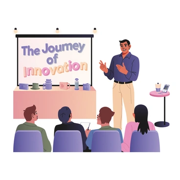A storyteller is standing on a stage, capturing the attention of an audience seated in front of him. He has medium skin and is wearing a navy blue shirt with rolled-up sleeves and beige trousers. His hands are animated as he gestures while speaking. Behind him, a large screen displays the words "The Journey of Innovation" in bold, eye-catching typography. The audience, consisting of diverse individuals, is leaning forward, some taking notes while others are smiling, clearly engaged with the narrative. A few light bulbs hang from the ceiling, illuminating the scene, creating a warm atmosphere. On a table to the side, there are prototypes of the new product, colorful and modern, inviting curiosity from the audience.