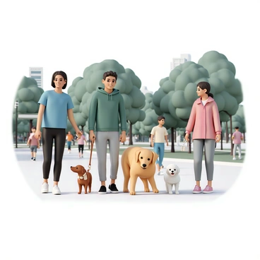 A group of three friends is walking their dogs in a busy park. One friend, a woman wearing a blue t-shirt, black leggings, and white sneakers, is holding a leash attached to a small brown dachshund. The second friend, a man in a green hoodie, jeans, and black shoes, walks alongside a large golden retriever, smiling as he pets the dog's head. The third friend, a woman dressed in a red jacket, gray joggers, and pink shoes, is leading a fluffy white poodle. Surrounding them are other pet owners chatting and enjoying the day, with trees in the background and a few people jogging on the nearby path.