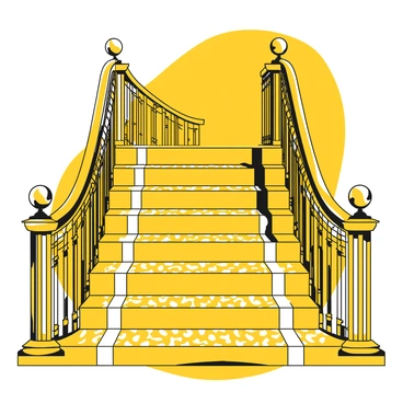 A grand staircase with multiple steps leading upward. The railings feature intricate art deco designs, emphasizing geometric patterns and bold lines. The carpet covering the stairs showcases a repeating pattern, creating a visually striking contrast with the staircase. The surroundings include elegant pillars on either side, enhancing the grandeur of the setting. Soft light illuminates the staircase, highlighting the details of the railings and the texture of the carpet.