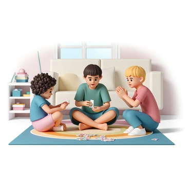 Three children are sitting on a colorful carpet in a cozy living room. One child, a girl with curly brown hair, is wearing a blue shirt and pink shorts, concentrating on a card in her hand. A boy with straight black hair, dressed in a green t-shirt and denim shorts, is leaning over the cards, examining a match he just found. The third child, a boy with blonde hair in a red shirt and blue pants, claps his hands in excitement. The living room is furnished with a comfortable sofa, a bookshelf filled with toys, and a window with light streaming in, illuminating the scene. A few mismatched cards are scattered around them, adding to the playful atmosphere.
