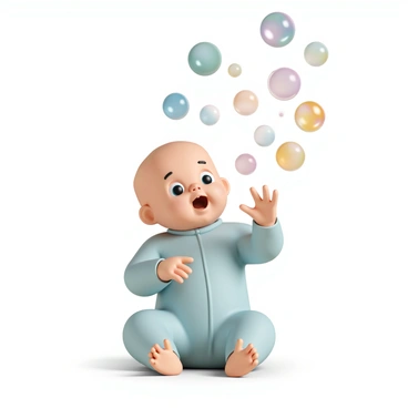 A baby, with chubby cheeks and a soft, light blue onesie, is sitting on a light-colored surface. The baby’s eyes are wide with amazement as a multitude of colorful soap bubbles float around. The bubbles vary in size, some catching the light and reflecting a spectrum of colors. The baby's tiny hands are reaching out toward the bubbles, and there is a gentle expression of wonder on their face as they watch the bubbles drift through the air.