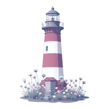 A lighthouse surrounded by a blooming garden of wildflowers