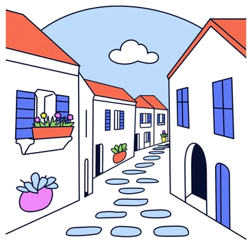 A Mediterranean village with whitewashed houses lining the narrow, cobblestone streets. The houses feature blue shutters and terracotta roofs, creating a vibrant contrast against the bright white walls. Potted plants with colorful flowers are placed on windowsills, adding a touch of greenery. The narrow streets wind through the village, with small stone pathways leading to hidden corners and cozy alcoves. A clear blue sky with a few fluffy clouds completes the picturesque scene.