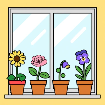 A bright windowsill bathed in soft sunlight, adorned with several small pots, each containing a different cute flower. The first pot holds a vibrant yellow daisy with a round center and petal edges. Next to it, a pot showcases a delicate pink rose with tightly curled petals. Another pot features a cheerful bluebell with bell-shaped flowers hanging gracefully. A fourth pot contains a tiny purple pansy, its face-like petals bright and expressive. The pots are varied in design, some glazed and colorful, others simple terracotta. Each flower is blooming, showcasing its unique colors and shapes, creating a lively and cheerful scene.