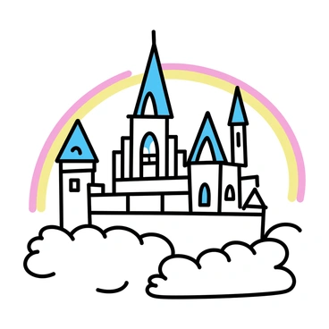 A grand castle, featuring tall spires and intricate towers, suspended high in the air. The castle is surrounded by fluffy white clouds, giving it an ethereal appearance. A vibrant rainbow arcs gracefully in the background, adding color to the scene. The castle has large windows that reflect the sunlight, enhancing its majestic look.