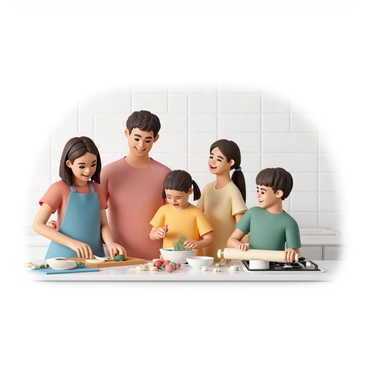 A family preparing dinner together, sharing laughter, and teaching kids cooking skills.