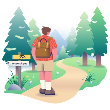 A hiker with sun-kissed skin and tousled brown hair is standing on a dirt trail, momentarily pausing to consider the direction to take. He is wearing a red plaid shirt, khaki shorts, and a brown backpack. To his left, a signpost clearly indicates a path labeled "research gap," surrounded by tall green grass and wildflowers. The fork in the road is flanked by dense trees, with sunlight filtering through the leaves, casting dappled shadows on the ground. On the right path, a winding trail leads deeper into the woods, with a hint of a distant mountain range visible in the background. The hiker looks contemplative, gazing towards the "research gap" path with curiosity.