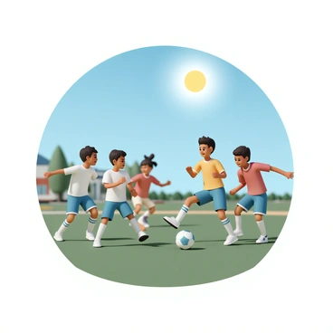 A group of four students, two boys and two girls, are playing soccer on a school playground. The boys are wearing blue and white sports jerseys, while the girls are wearing red and yellow jerseys. One boy is dribbling the soccer ball with skill, while another boy prepares to defend. One girl is positioned to make a pass, and the other girl is running towards the goal with enthusiasm. The sun is shining brightly in a clear blue sky, casting shadows on the green grass. In the background, a school building and a few trees can be seen.