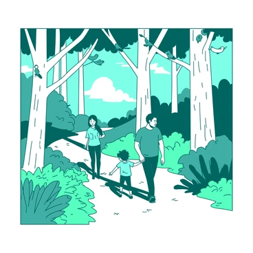 A teal forest path winds through towering white trees, their branches reaching high above. A family of four is hiking along the path, with a father leading the way and a mother holding the hand of a young girl. The little boy is energetically skipping ahead of them. Sunlight filters through the leaves, casting dappled shadows on the ground. In the background, there are lush green ferns growing alongside the path. The atmosphere is tranquil, with birds perched on the branches, adding life to the scene.