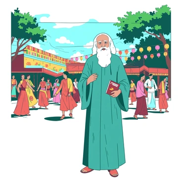 A teal figure resembling Rabindranath Tagore is standing in an open area filled with colorful decorations for a local cultural festival. Tagore is wearing traditional attire with intricate patterns, and he holds a small book in his left hand while observing the festivities. In the background, groups of people in bright outfits are performing vibrant dances, moving energetically to the rhythm of the music. Colorful banners are hanging from trees, and there are bright paper lanterns swaying in the breeze, adding to the lively atmosphere of the festival.