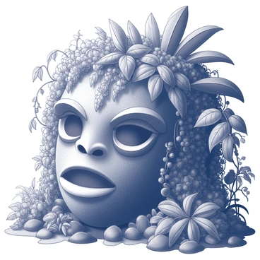 A dense jungle scene filled with lush, green foliage. Various types of plants and trees intertwine to create the features of a giant face, with large leaves forming the eyes and mouth. Vines hang down from the branches, adding texture to the composition. The overall structure of the face emerges naturally from the arrangement of the vegetation, blending seamlessly with the surrounding jungle environment. Sunlight filters through the canopy, casting intricate shadows on the forest floor.