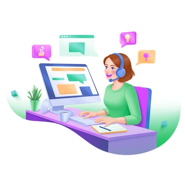 A modern pastel illustration featuring a customer service representative sitting at a desk with a headset on, engaged in a phone conversation. The representative, a young woman with short brown hair, has a friendly expression and is looking at a computer screen displaying various customer inquiries. On the desk, there is a notepad with a pen, a coffee cup, and a small potted plant. Around her, speech bubbles illustrate the questions being asked by the client, including icons like a question mark and a light bulb representing ideas.