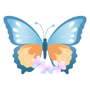 A butterfly with its wings spread wide, showcasing intricate patterns and vibrant colors. Each wing is perfectly mirrored, featuring symmetrical designs that create a harmonious visual effect. The wings are adorned with shades of blue, orange, and yellow, blending seamlessly into a gradient that enhances their beauty. The butterfly is resting on a delicate flower, adding a natural element to the composition.