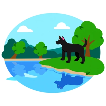 A black dog with a shiny coat is standing on the grassy bank of a lake. The dog is gazing intently at its own reflection on the calm surface of the water. Surrounding the lake are vibrant green trees with leaves swaying gently in a light breeze. The sky above is clear and blue, enhancing the tranquil atmosphere of the scene. The dog's ears are perked up, showcasing its alertness, while the sunlight glints off the water, creating a sparkling effect.