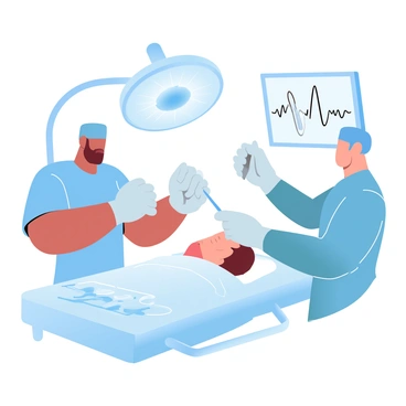A medical team in scrubs is focused on performing brain surgery in an operating room. One surgeon is using a scalpel to make a precise incision, while another is holding retractors to expose the area. Various medical instruments, such as forceps and suction devices, are arranged neatly on a sterile tray nearby. The operating table is equipped with a patient draped in surgical sheets, and surgical lights are shining down brightly on the scene. A large monitor displaying the patient's vital signs is mounted on the wall in the background.