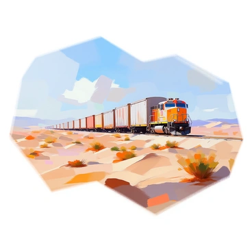 A lone cargo train making its way across a vast, sandy desert under a clear blue sky