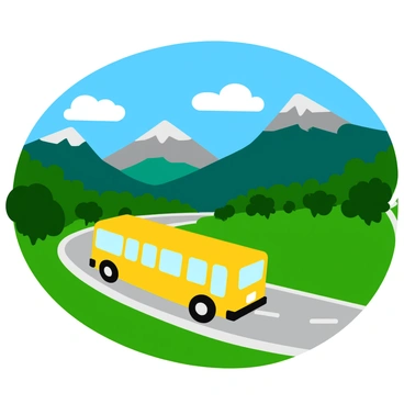 A bright yellow bus is winding along a scenic mountain road. The bus is detailed with large windows reflecting the sunlight. The road curves gently, flanked by vibrant green trees and bushes. In the background, majestic mountains rise with rocky peaks partially shrouded in fluffy white clouds. A clear blue sky overhead enhances the vivid colors of the landscape. The scene captures a sense of movement as the bus navigates the winding path.