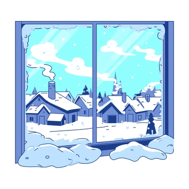 A close-up of a frosty window shows intricate white ice patterns covering the glass. Outside the window, there is a snowy village scene, with small cozy houses covered in white snow. Smoke is curling up gently from the chimneys of the houses, blending into the cold air. The scene evokes a sense of winter tranquility with the soft, muted colors of the village appearing hazy through the frosted glass.